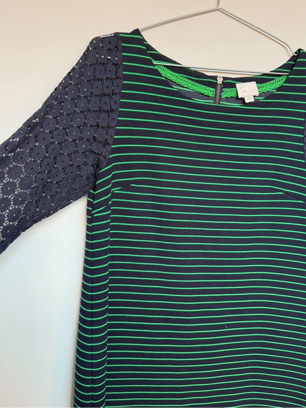 Anthropologie Postmark Navy and Green Striped Lace-Sleeve Dress Size M